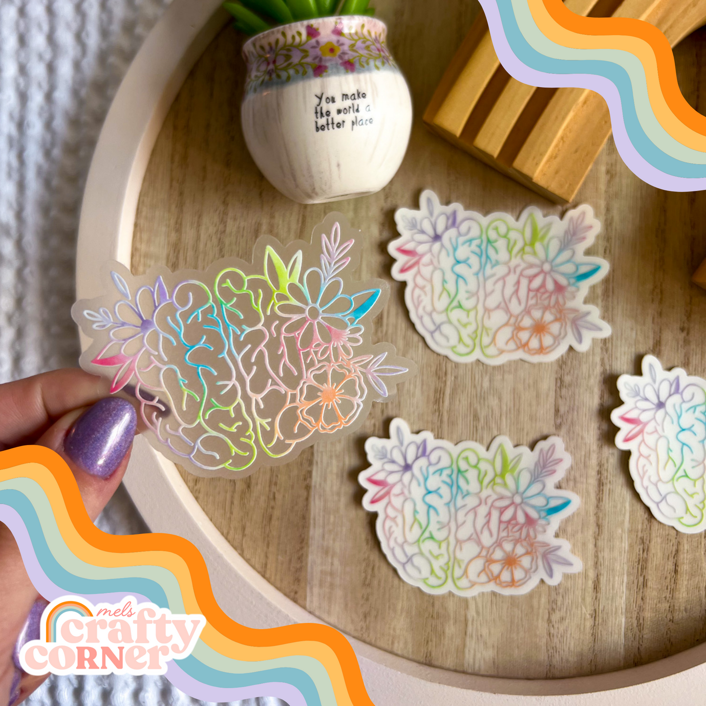 Floral Anatomical Brain design on colorful clear sticker, main product image by Mel's Crafty Corner