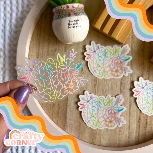 Floral Anatomical Brain design on colorful clear sticker, main product image by Mel's Crafty Corner
