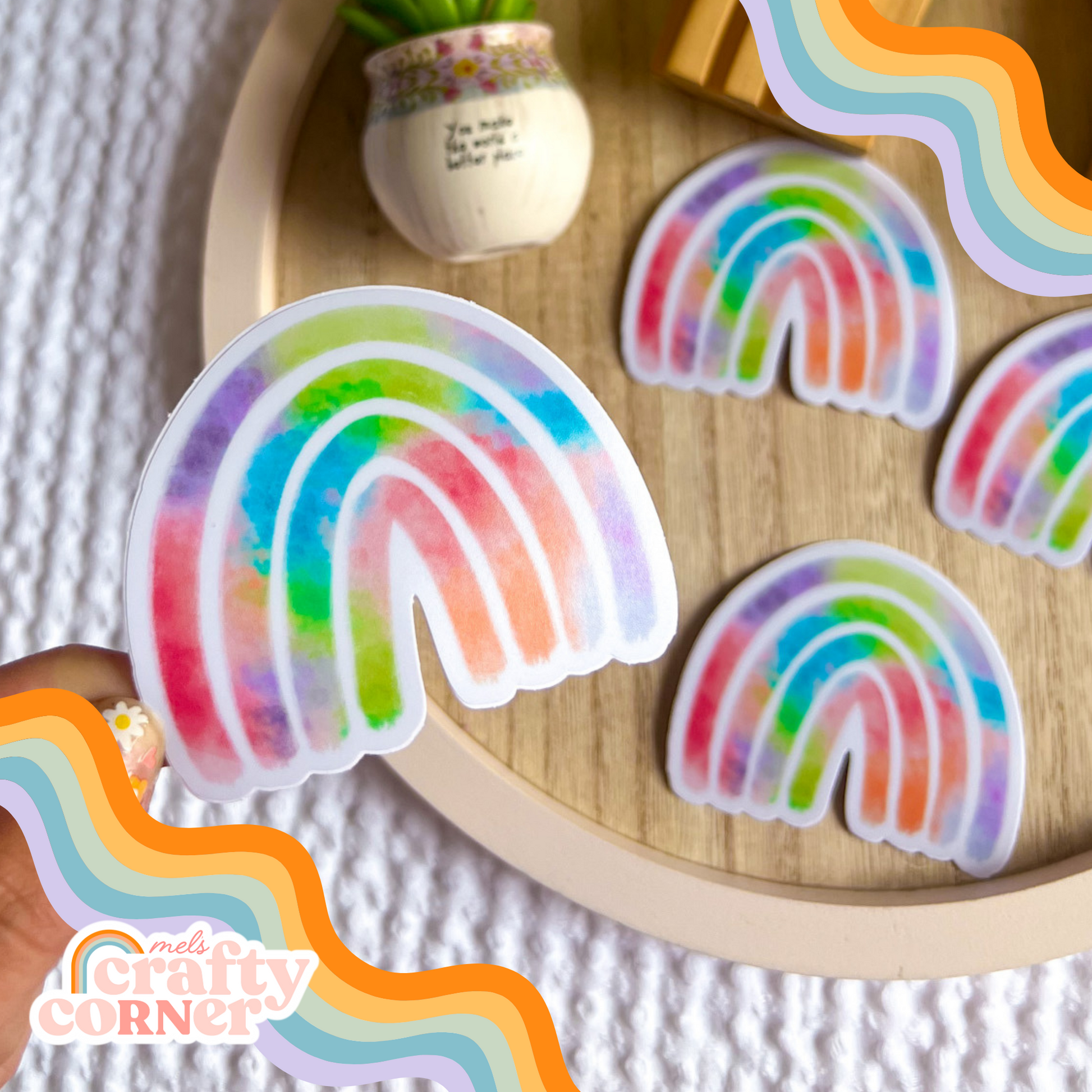 Rainbow design on colorful matte sticker, main product image by Mel's Crafty Corner
