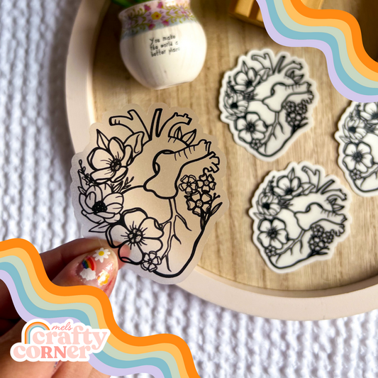 Floral Anatomical Heart design on black clear sticker, main product image by Mel's Crafty Corner