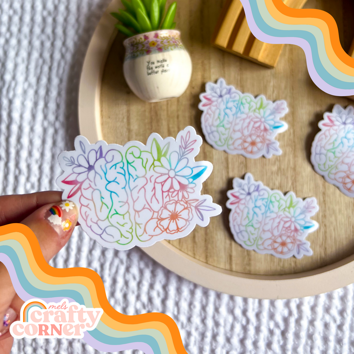 Floral Anatomical Brain design on colorful matte sticker, main product image by Mel's Crafty Corner