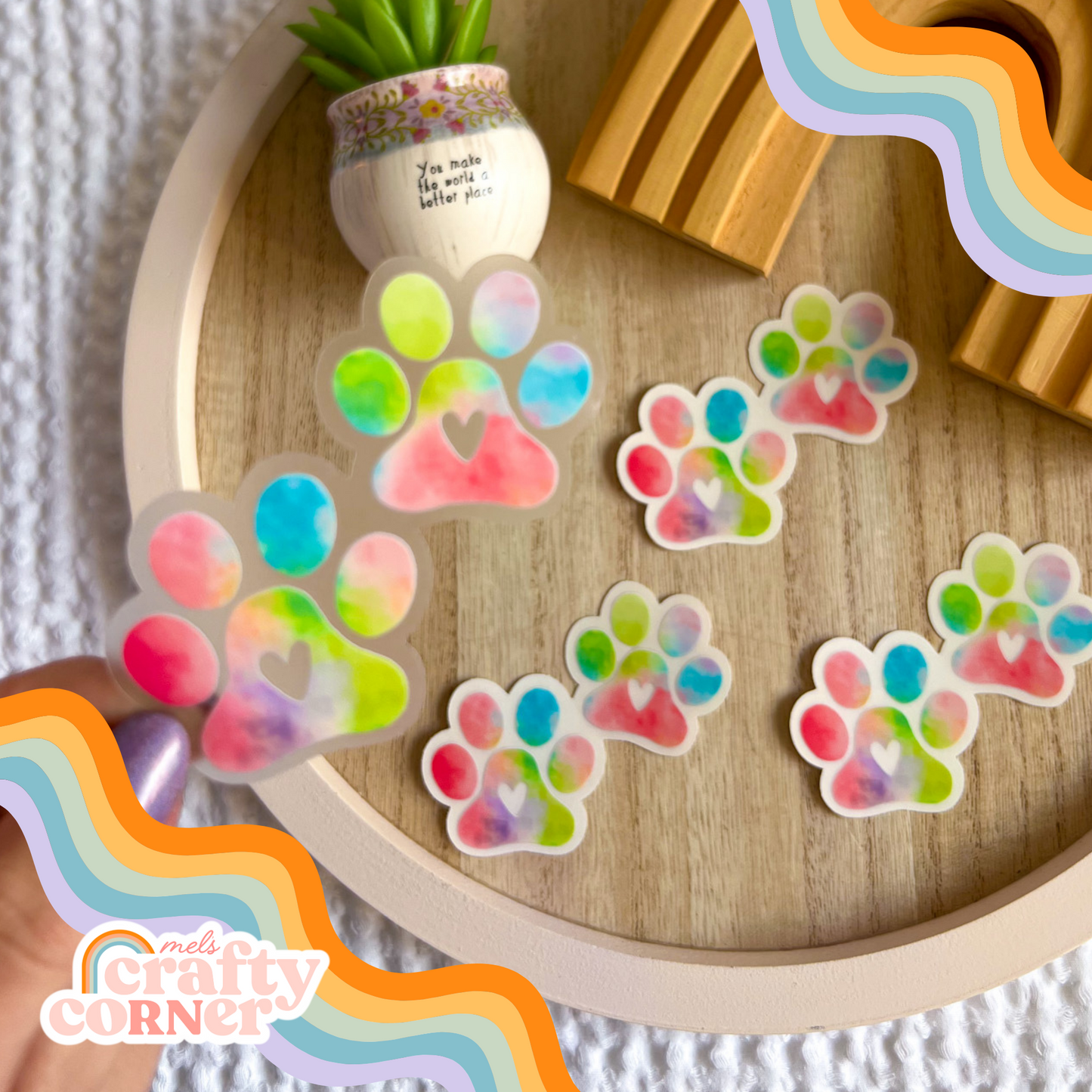 Colorful paw print clear sticker main product image