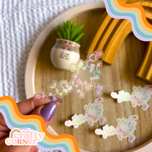 Floral Oxytocin design on colorful clear sticker, main product image by Mel's Crafty Corner
