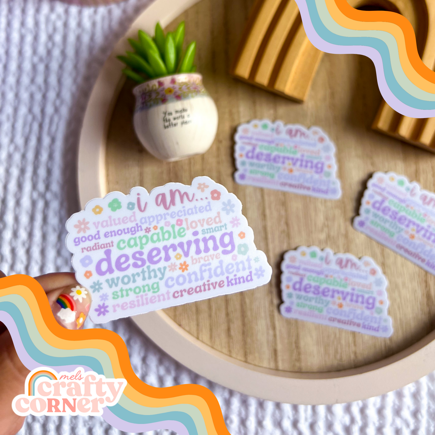 "I Am" Affirmations design on matte sticker, main product image by Mel's Crafty Corner