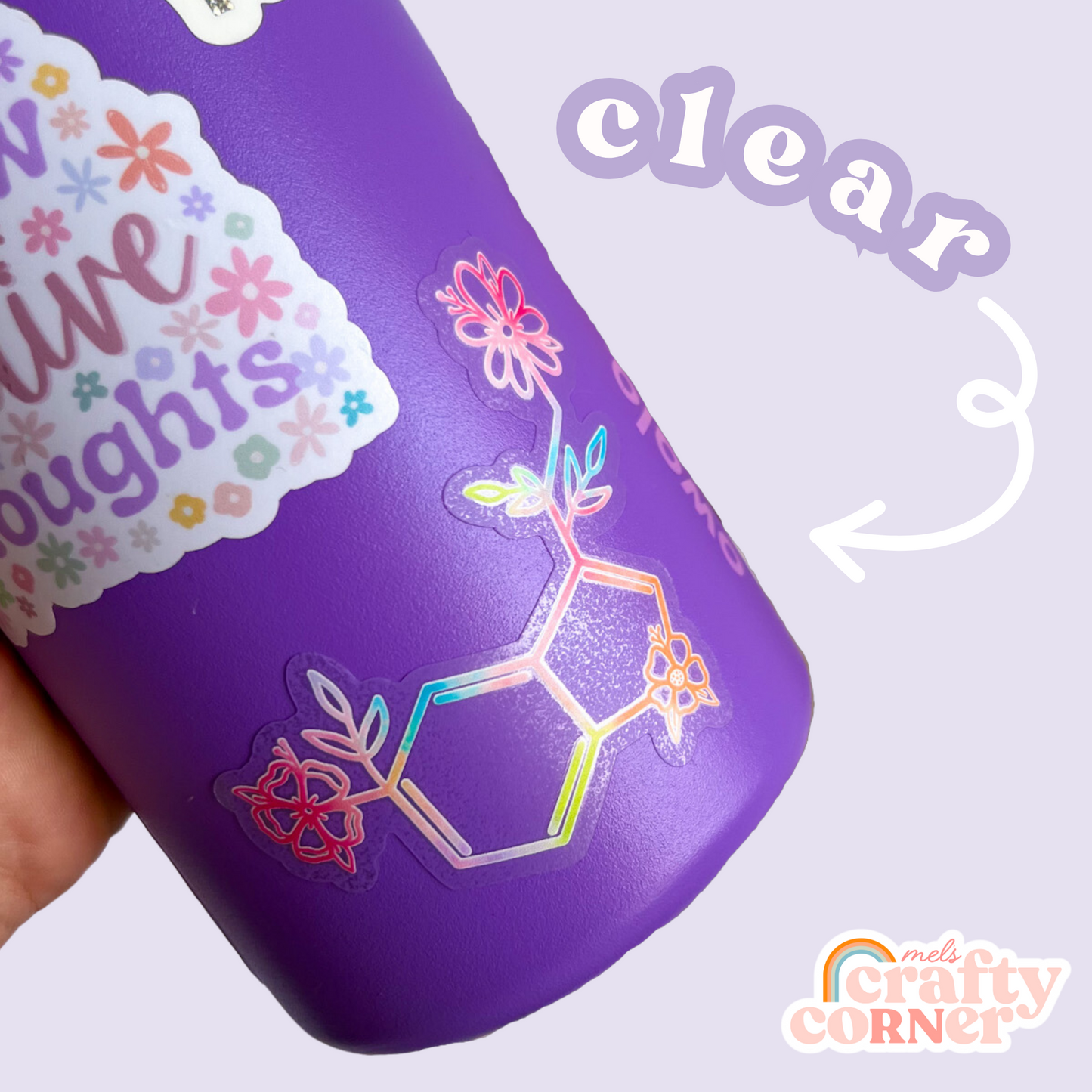 Close-up of Floral Serotonin colorful clear sticker showing design details by Mel's Crafty Corner