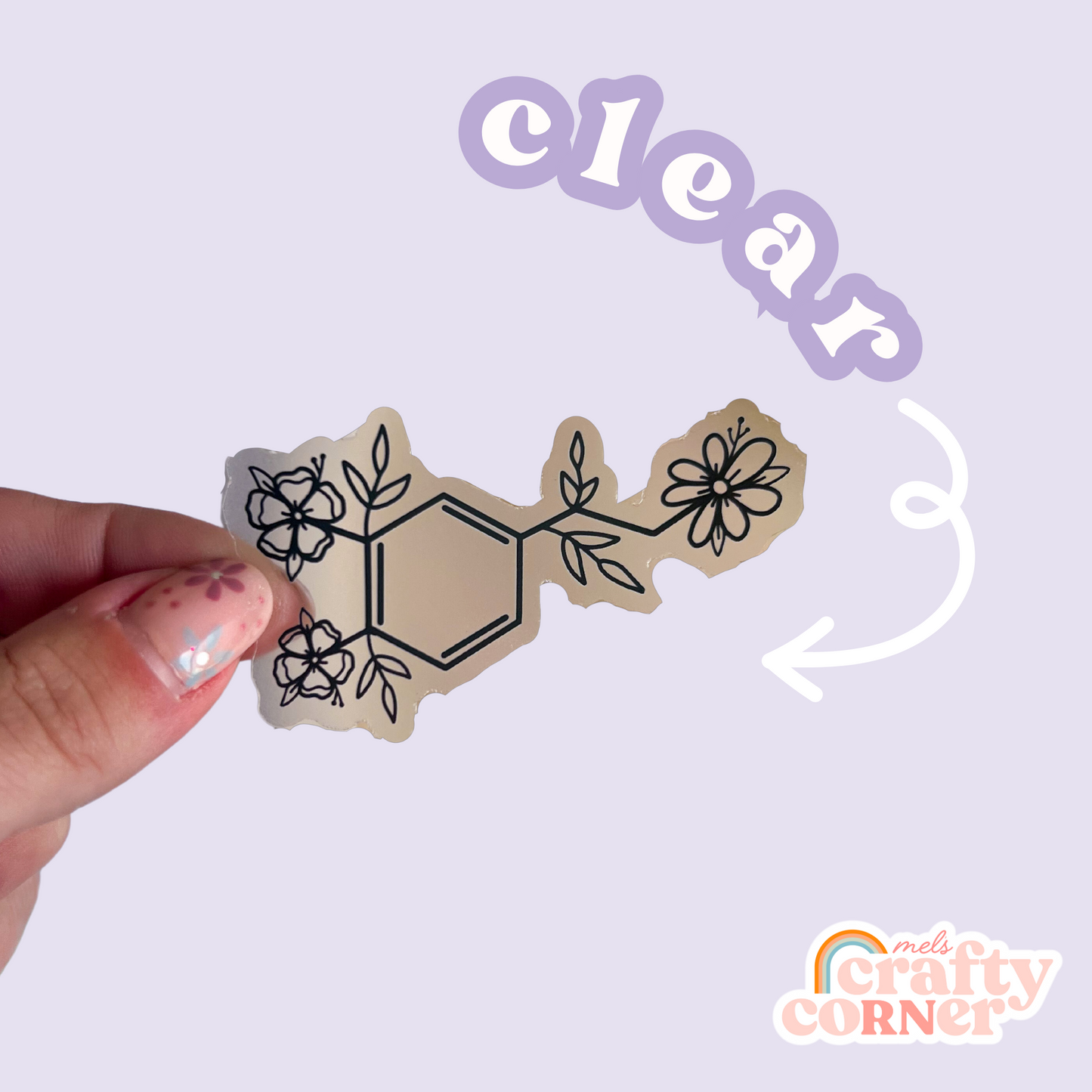 Close-up detail of Floral Dopamine black clear sticker design