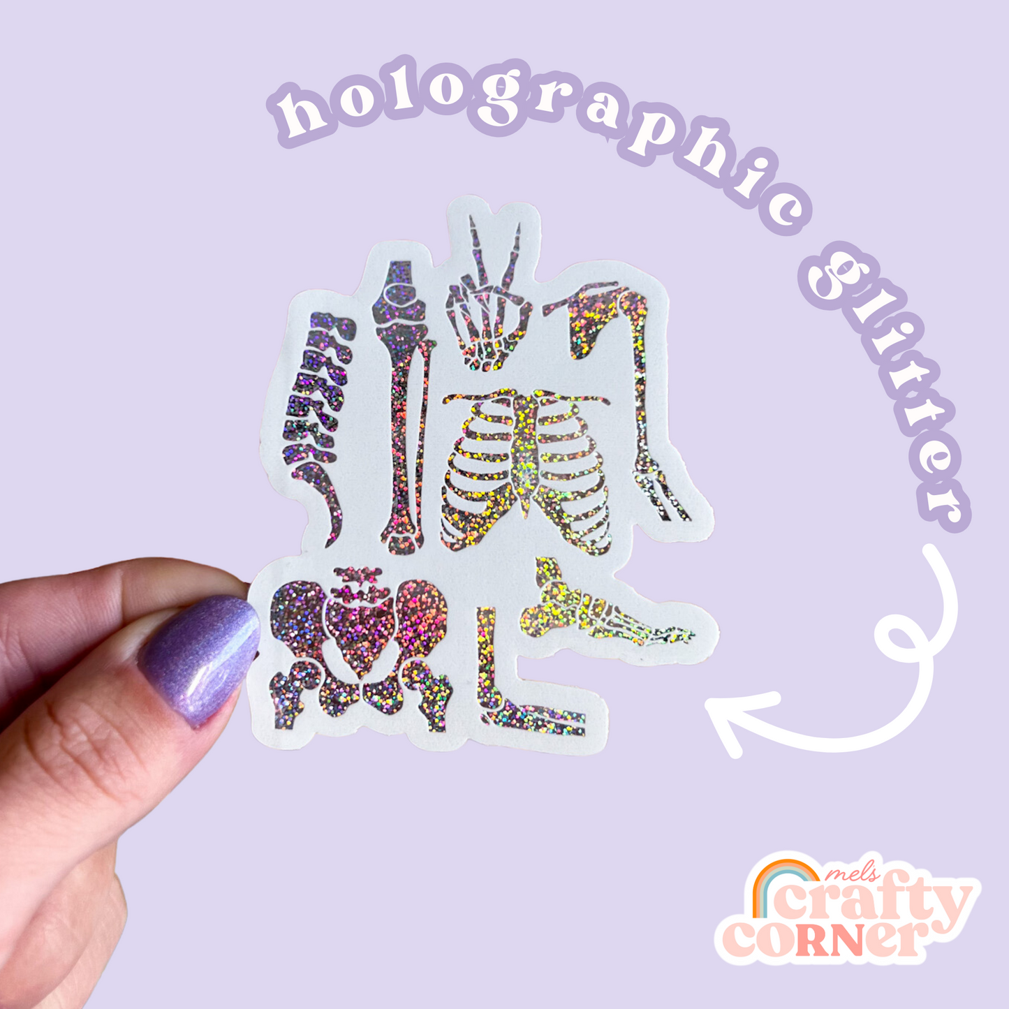 Close-up of Skeleton Boneyard holographic sticker showing holographic effect by Mel's Crafty Corner