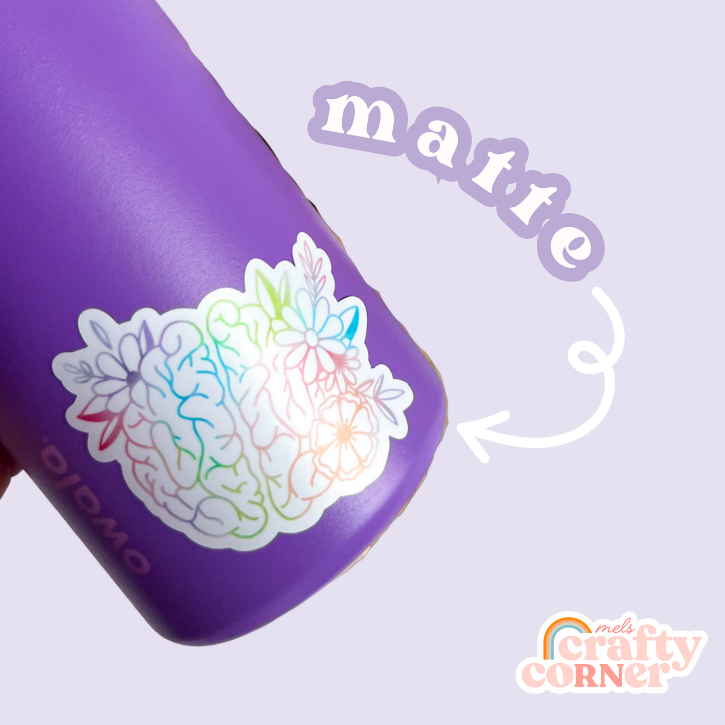 Close-up of Floral Anatomical Brain colorful matte sticker showing design details by Mel's Crafty Corner