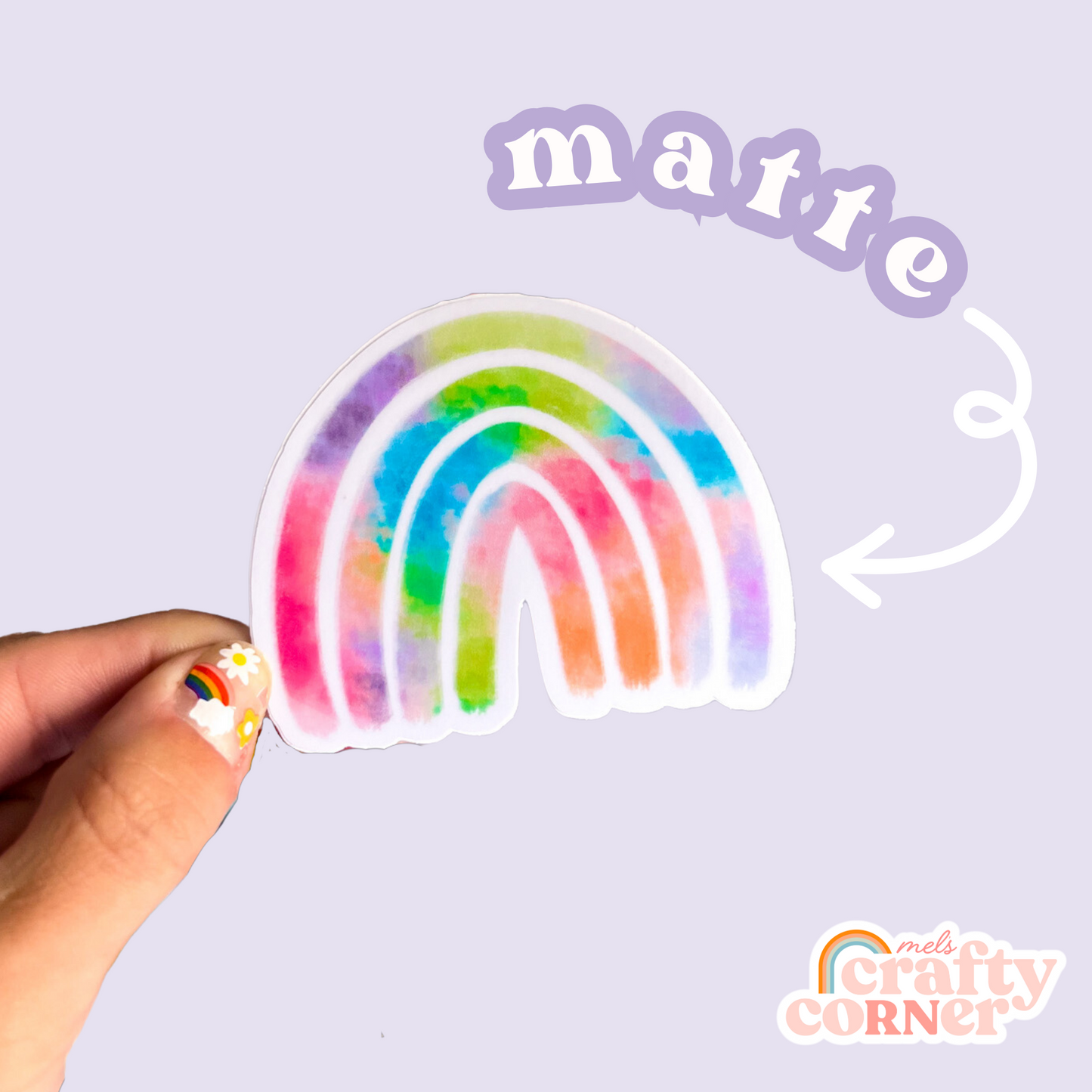 Close-up of Rainbow colorful matte sticker showing design details by Mel's Crafty Corner