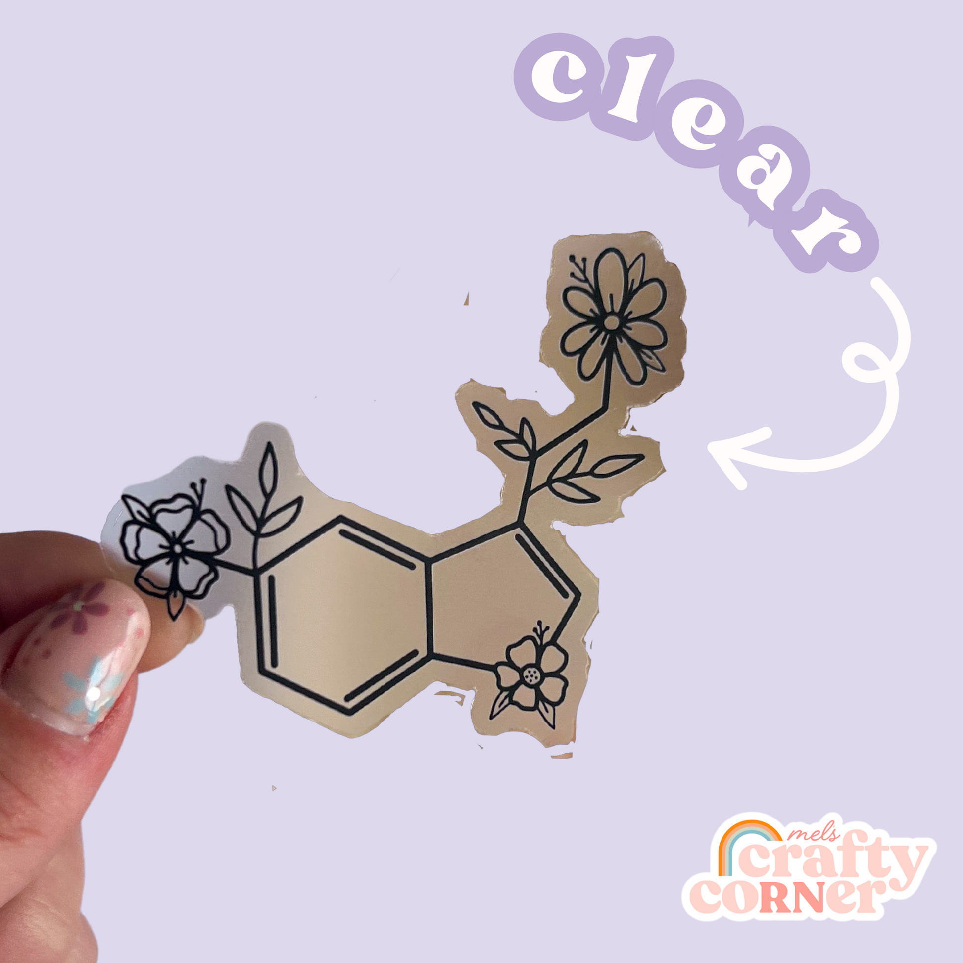Close-up detail of Floral Serotonin black clear sticker design