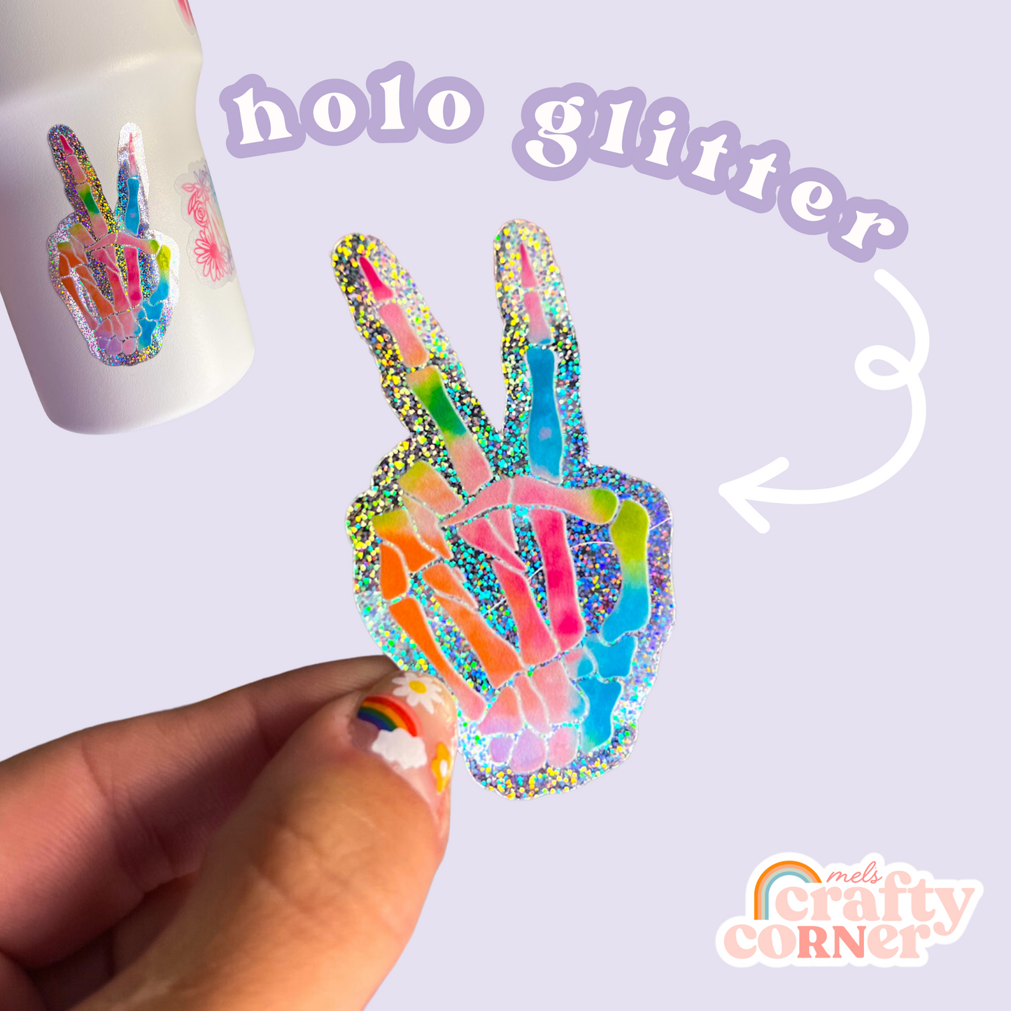 Close-up of Skeleton Peace Sign holographic sticker showing design details by Mel's Crafty Corner