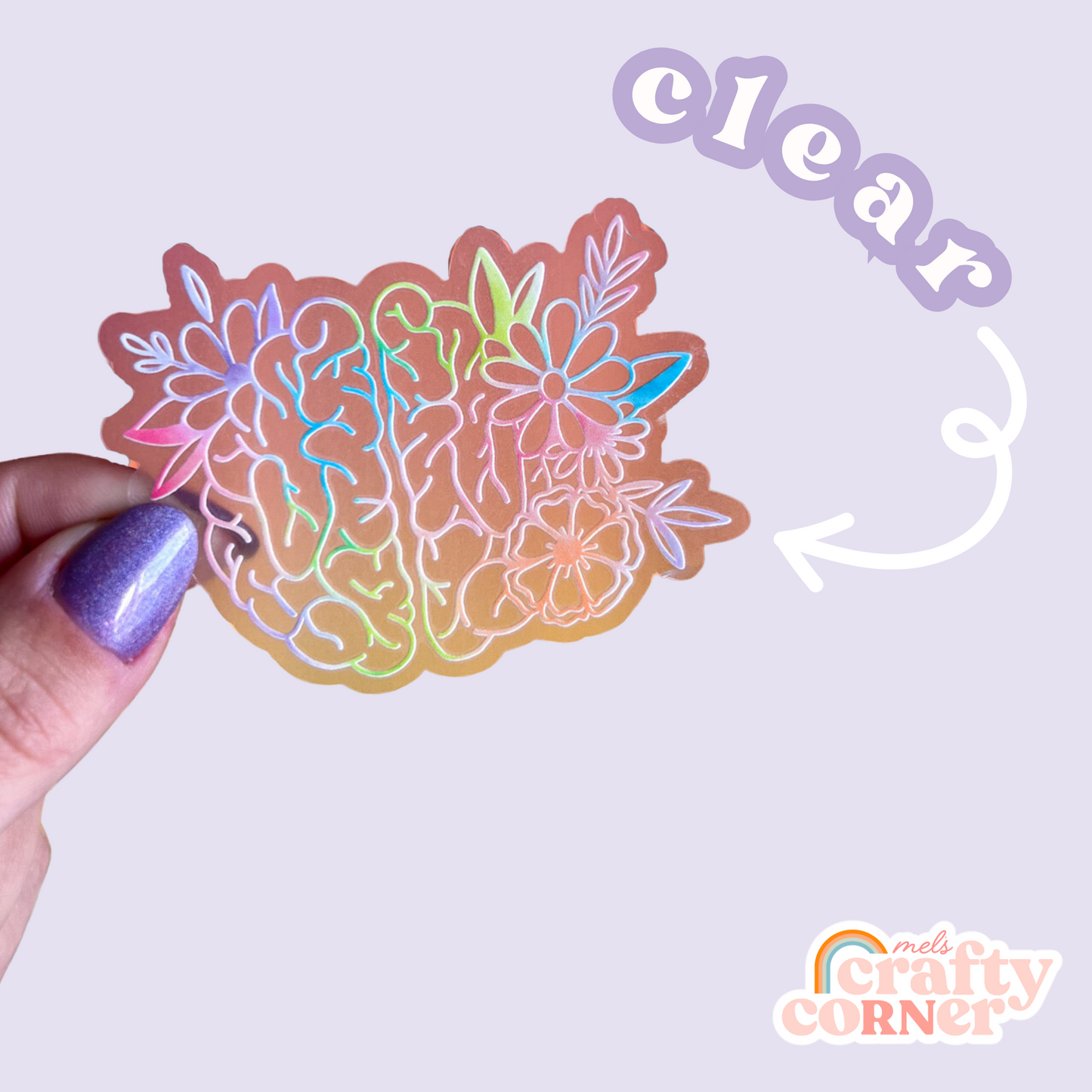 Close-up of Floral Anatomical Brain colorful clear sticker showing design details by Mel's Crafty Corner