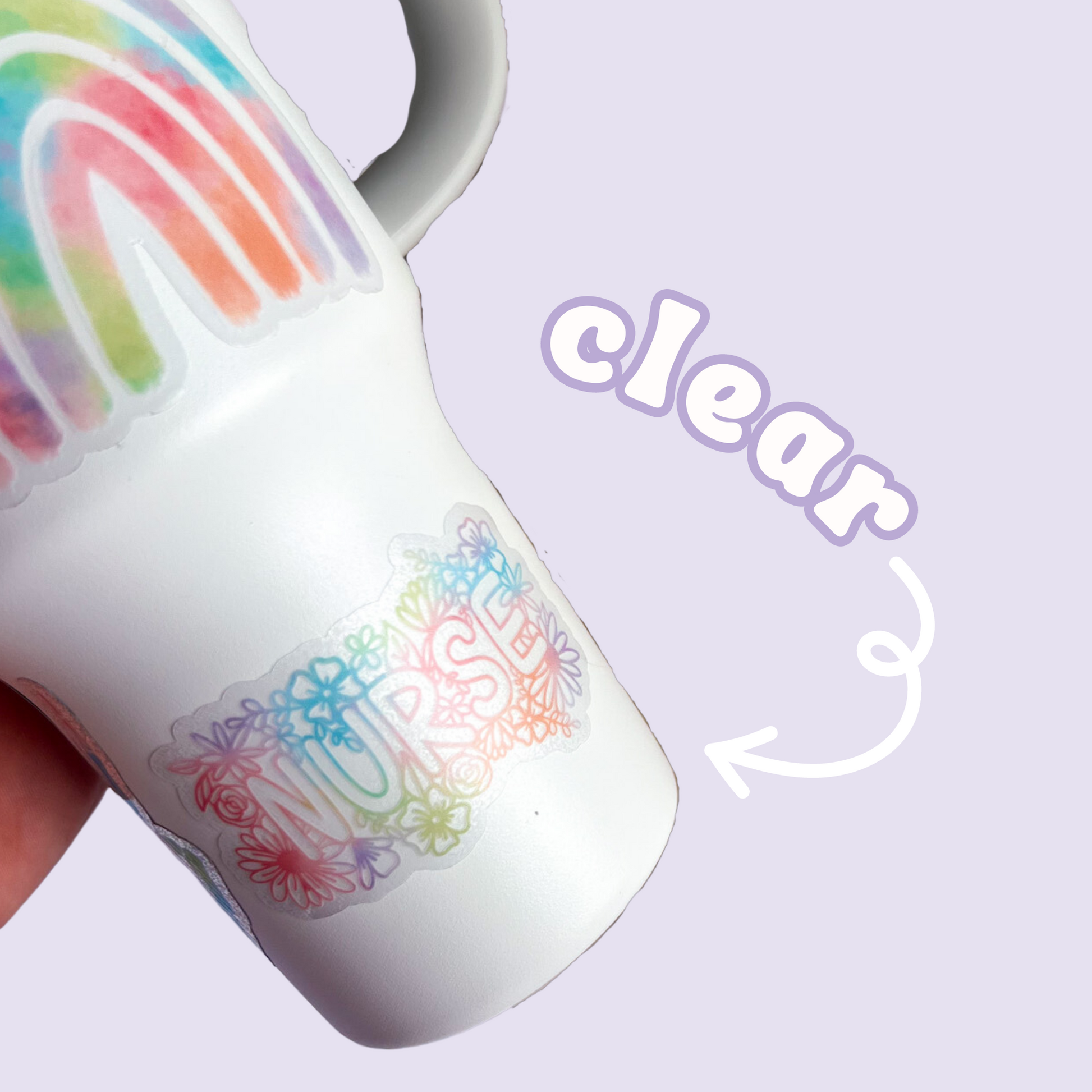 Close-up of Floral Nurse colorful clear sticker showing design details by Mel's Crafty Corner