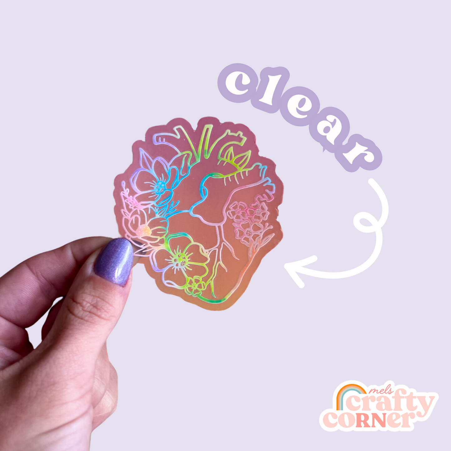 Close-up of Floral Anatomical Heart colorful clear sticker showing design details by Mel's Crafty Corner