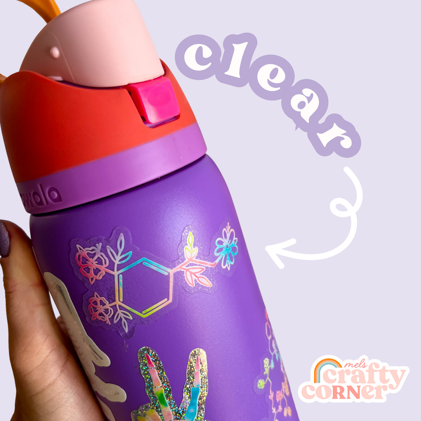 Close-up of Floral Dopamine colorful clear sticker showing design details by Mel's Crafty Corner