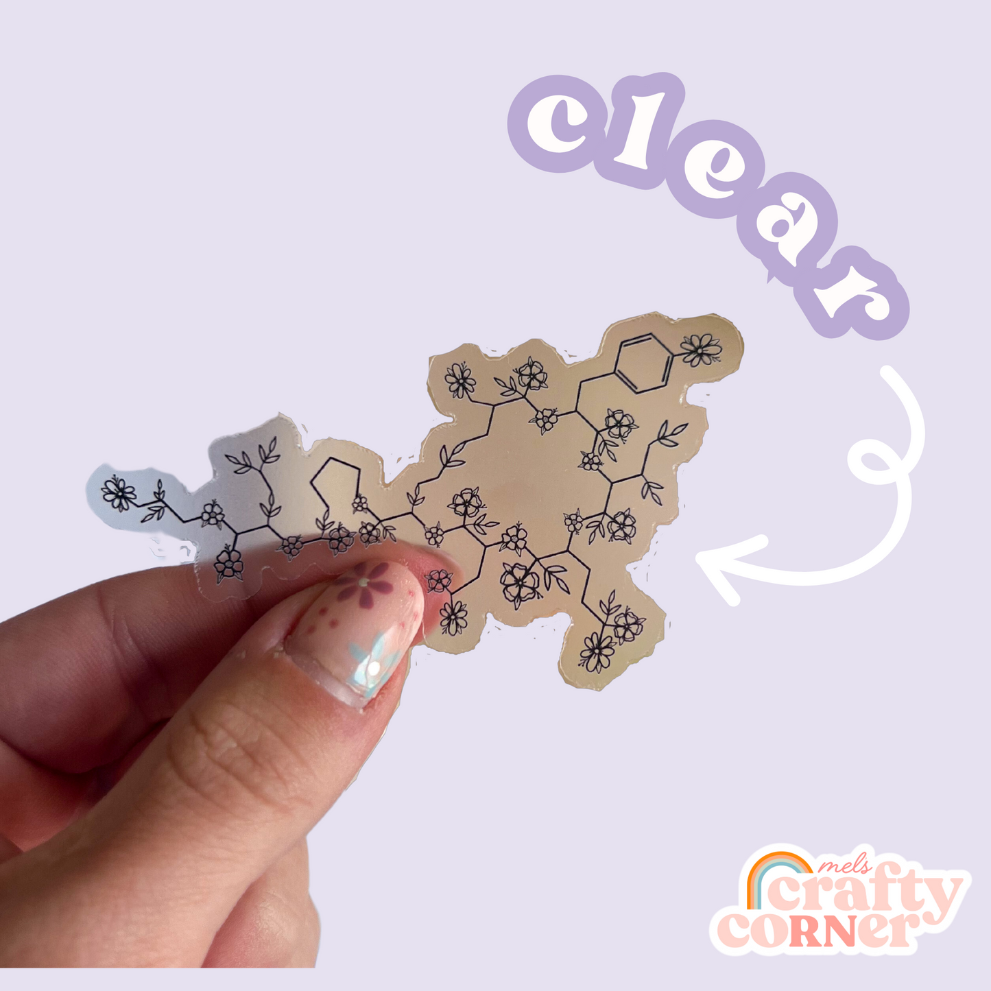 Close-up detail of Floral Oxytocin black clear sticker design