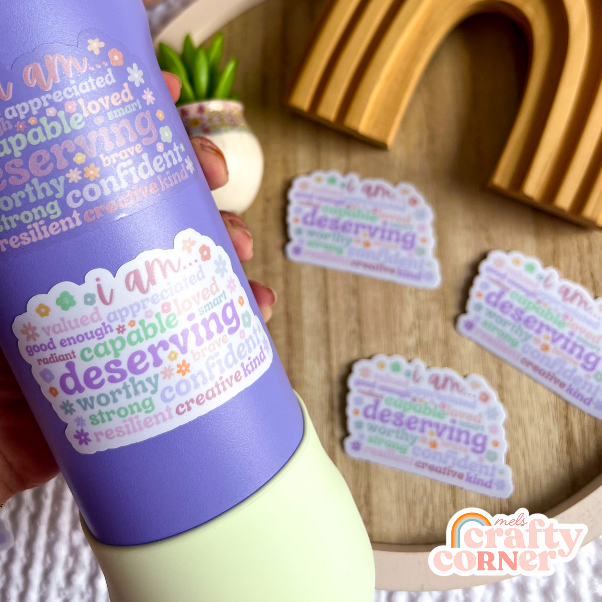 Hand holding "I Am" Affirmations matte sticker showing size and scale by Mel's Crafty Corner