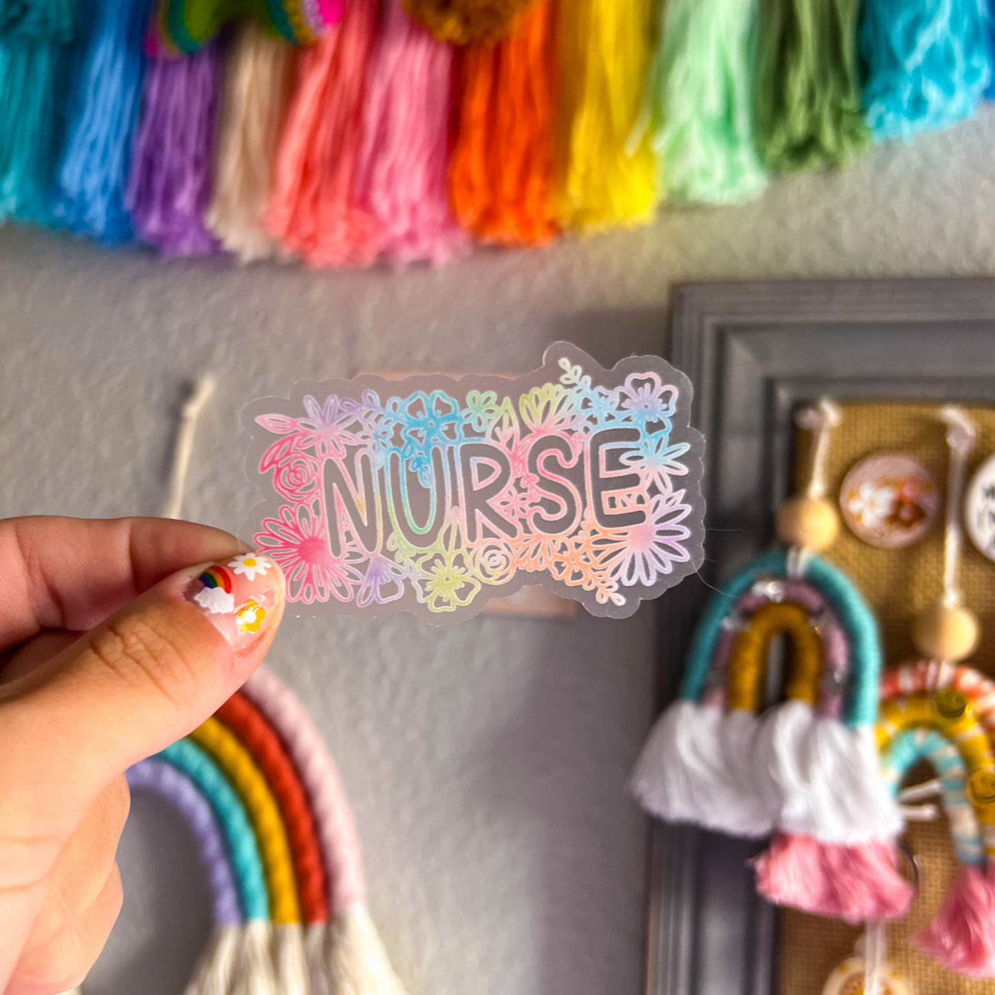Floral Nurse colorful clear sticker applied to water bottle showing usage example by Mel's Crafty Corner