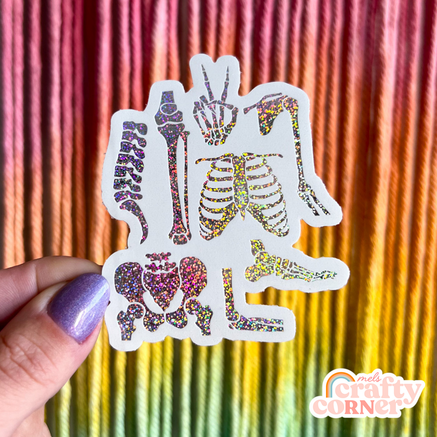 Skeleton Boneyard holographic sticker applied to water bottle showing usage example by Mel's Crafty Corner