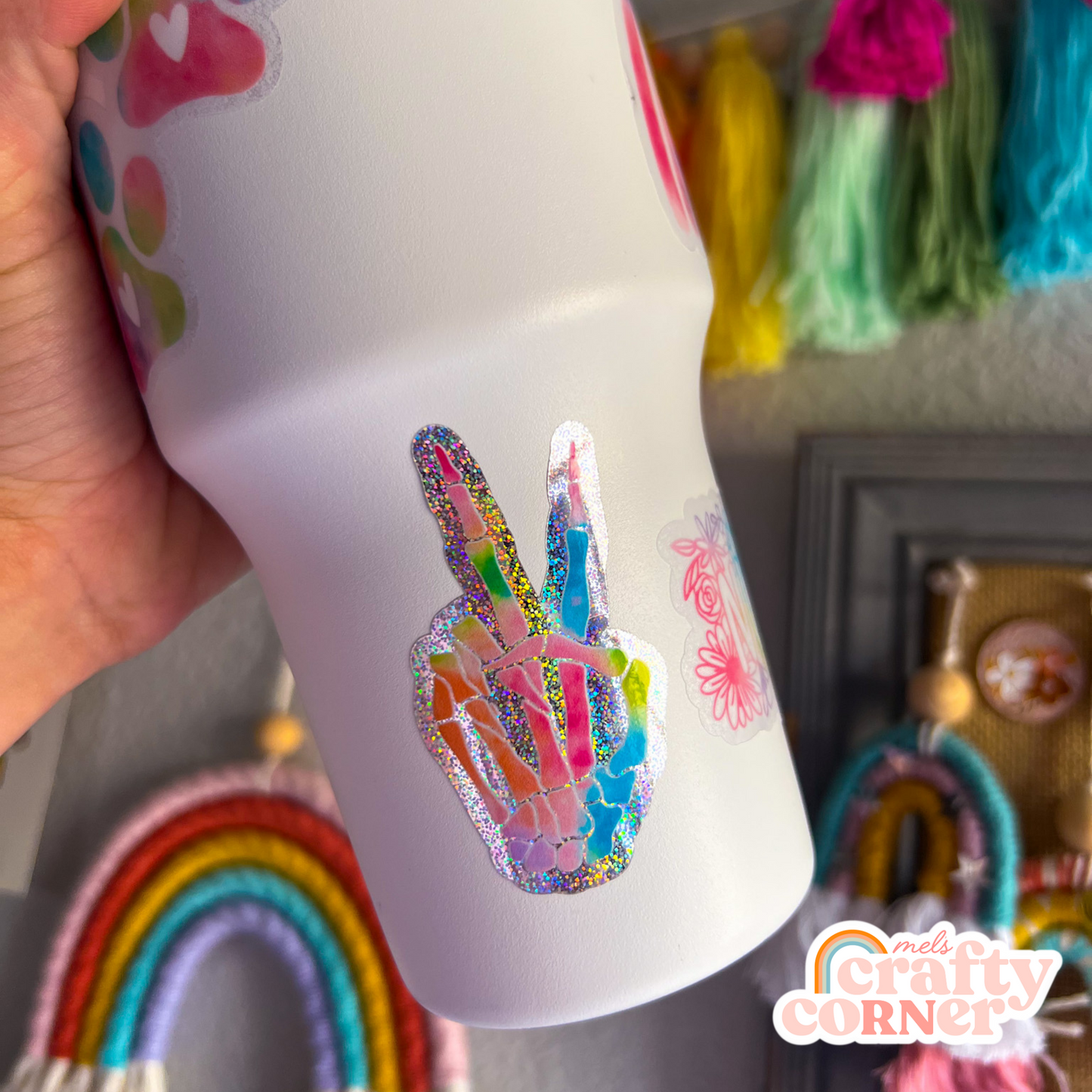 Skeleton Peace Sign holographic sticker applied to water bottle showing usage example by Mel's Crafty Corner