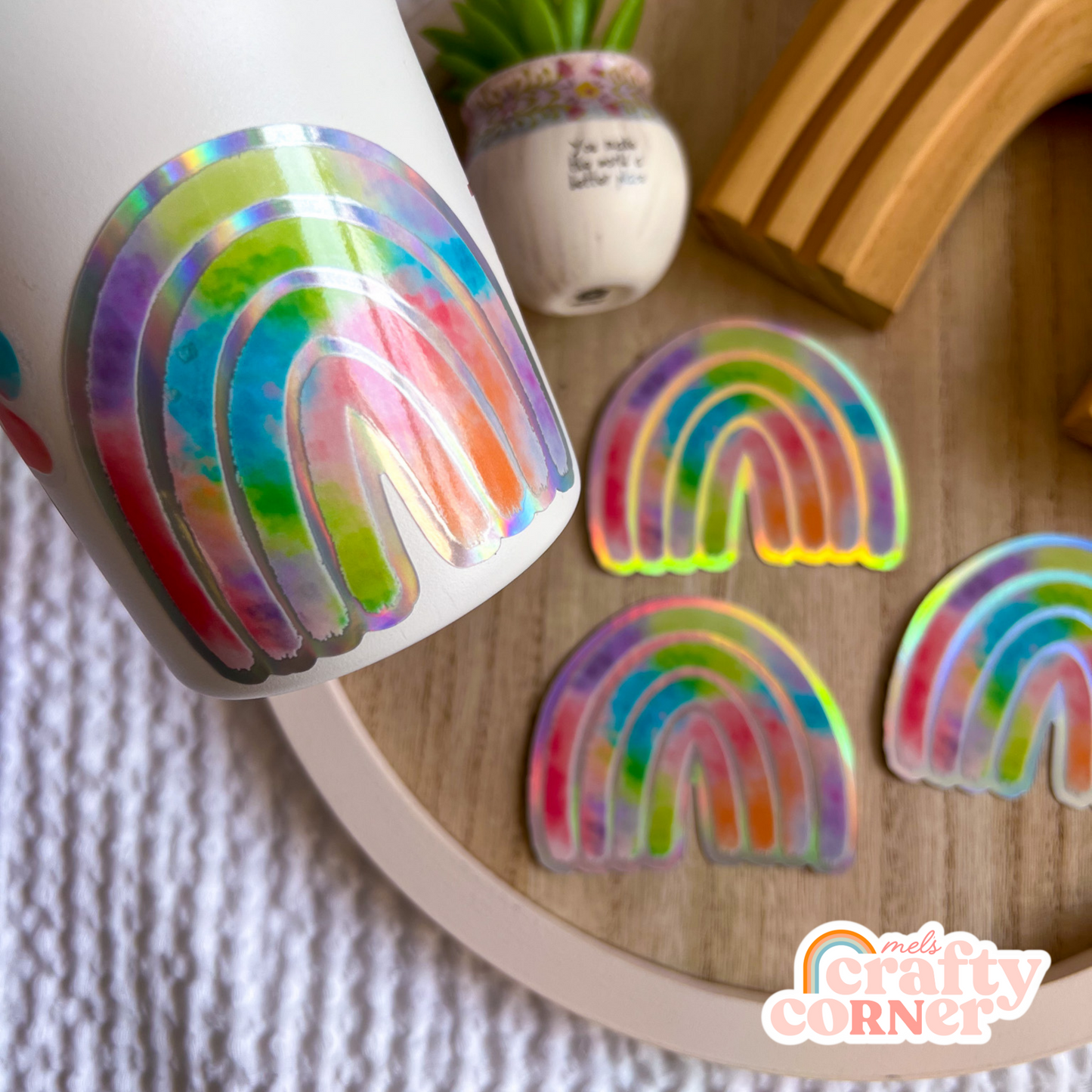 Rainbow colorful holographic sticker in sunlight showing holographic effect by Mel's Crafty Corner