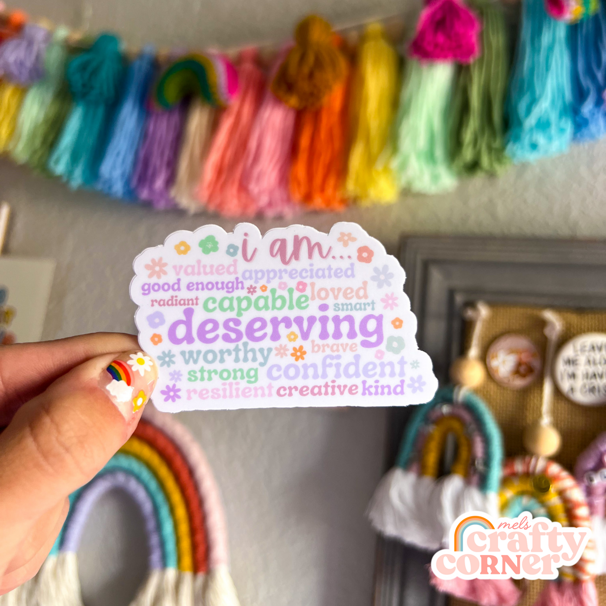Multiple stickers including "I Am" Affirmations matte sticker showing collection display by Mel's Crafty Corner