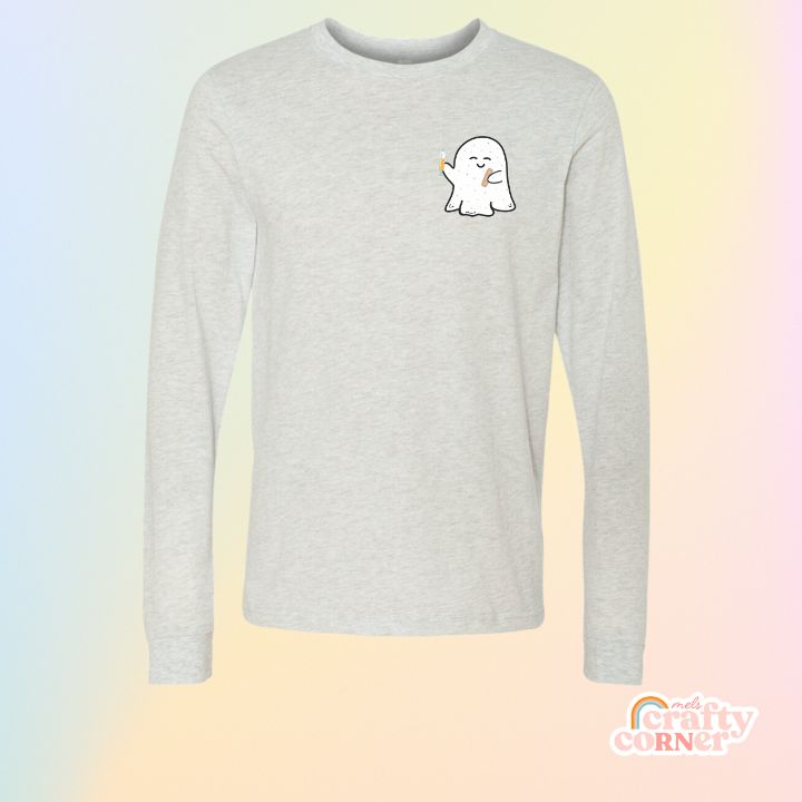 Ash gray Boo-Boo Ghostie soft long sleeve shirt mockup by Mel's Crafty Corner