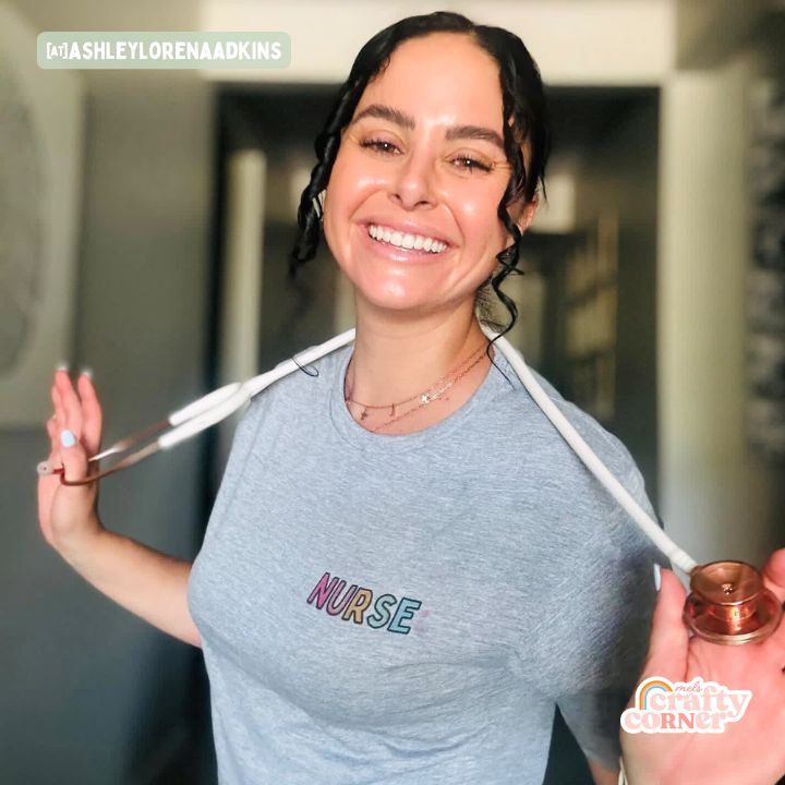 Cute pose of model Ashley wearing Colorful Nurse classic t-shirt by Mel's Crafty Corner