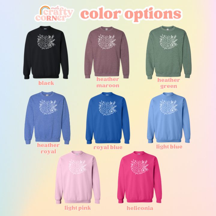 Color options available for the Be Kind To Your Mind classic crewneck sweatshirt by Mel's Crafty Corner