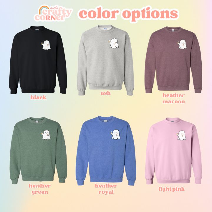 Color options available for the Boo-Boo Ghostie classic crewneck sweatshirt by Mel's Crafty Corner