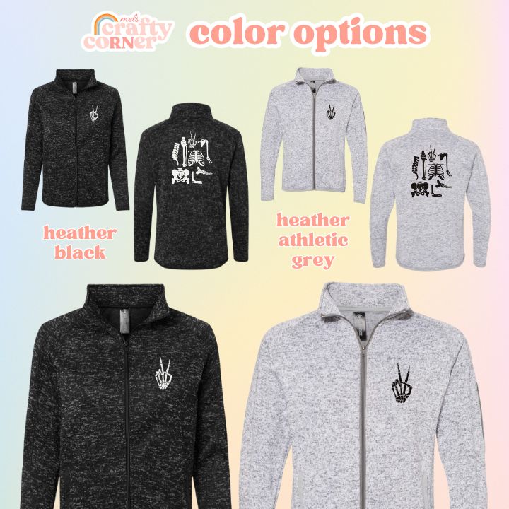 Color options available for the Build Your Boneyard fleece zip-up jacket by Mel's Crafty Corner
