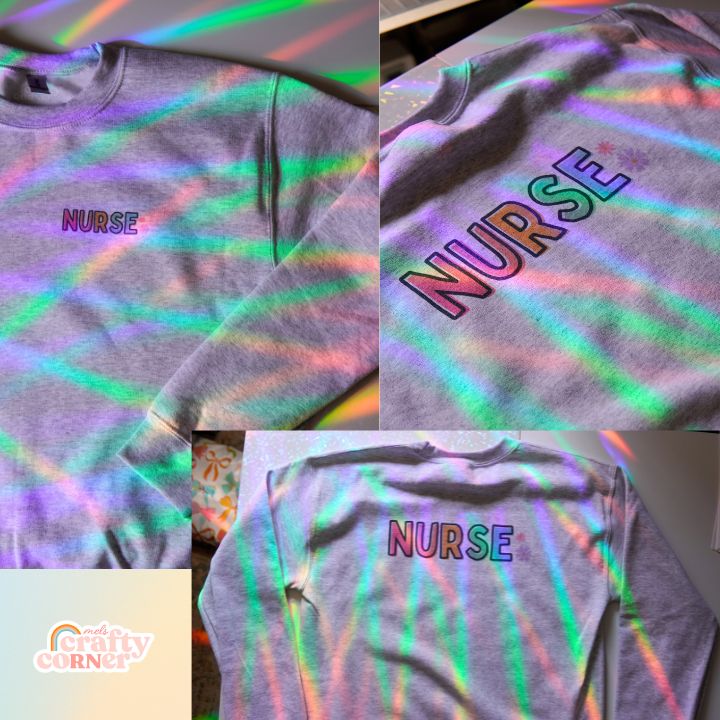 Collage of Colorful Nurse classic crewneck sweatshirt showing multiple angles by Mel's Crafty Corner