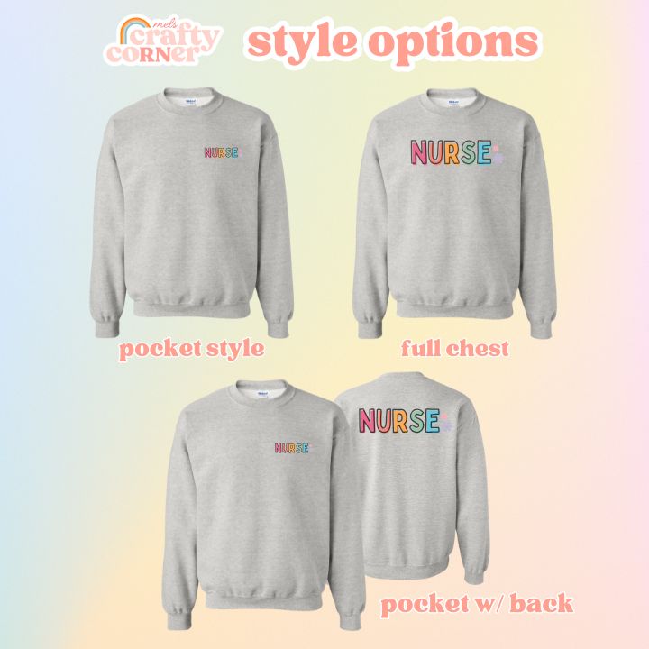 Style options showing pocket and full chest Colorful Nurse designs by Mel's Crafty Corner