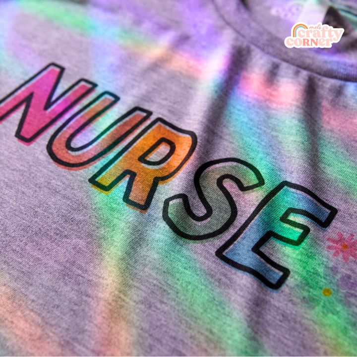 Close-up detail of Colorful Nurse design on classic t-shirt by Mel's Crafty Corner