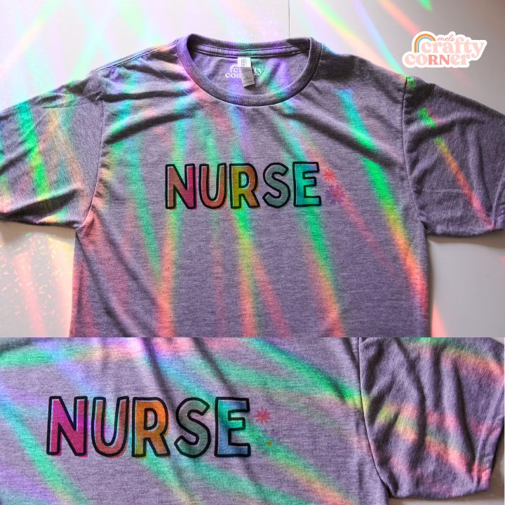 Split view showing front and back of Colorful Nurse classic t-shirt by Mel's Crafty Corner