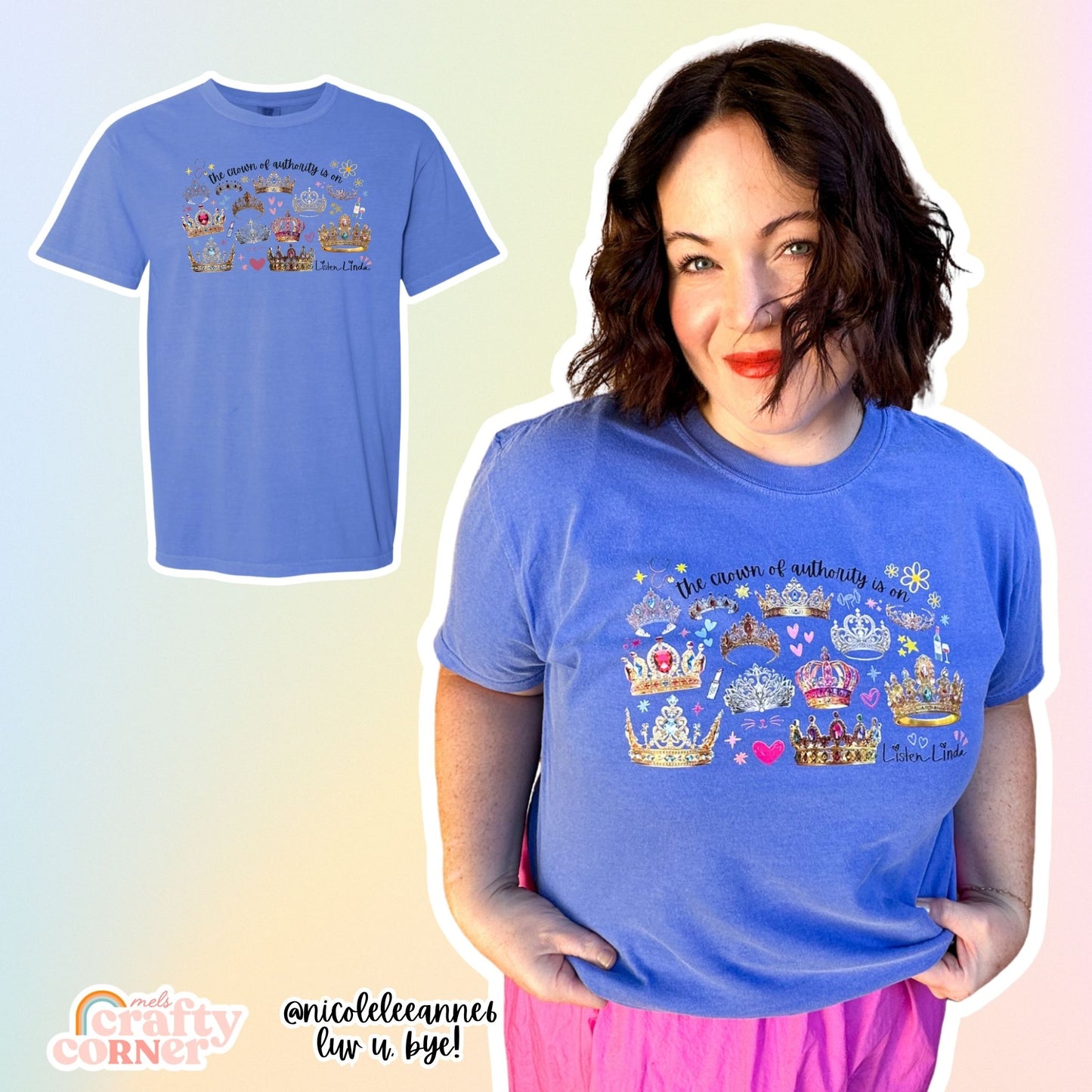 Woman wearing Flo Blue Crown of Authority t-shirt