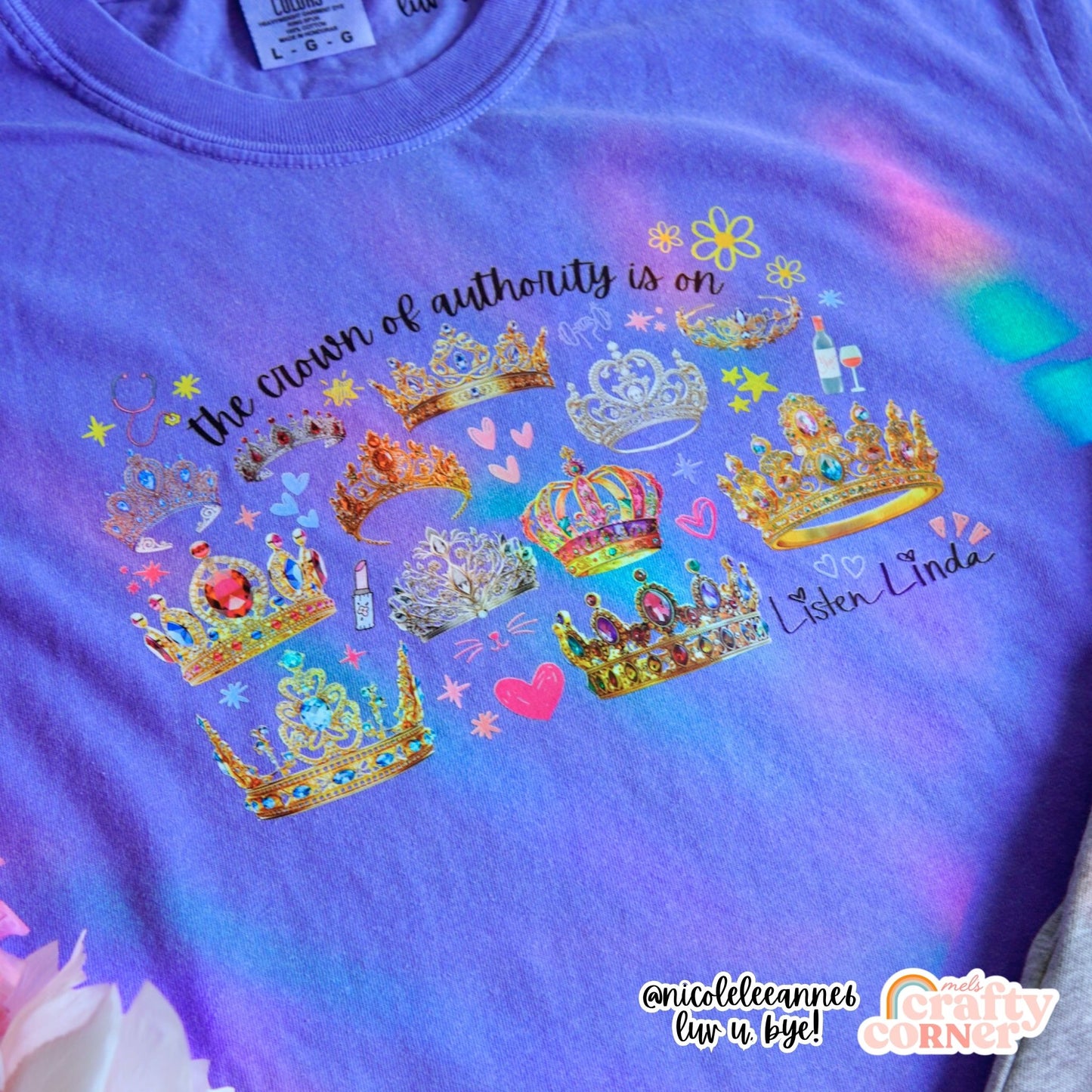 Close up of flo blue Crown of Authority merch by Mel's Crafty Corner