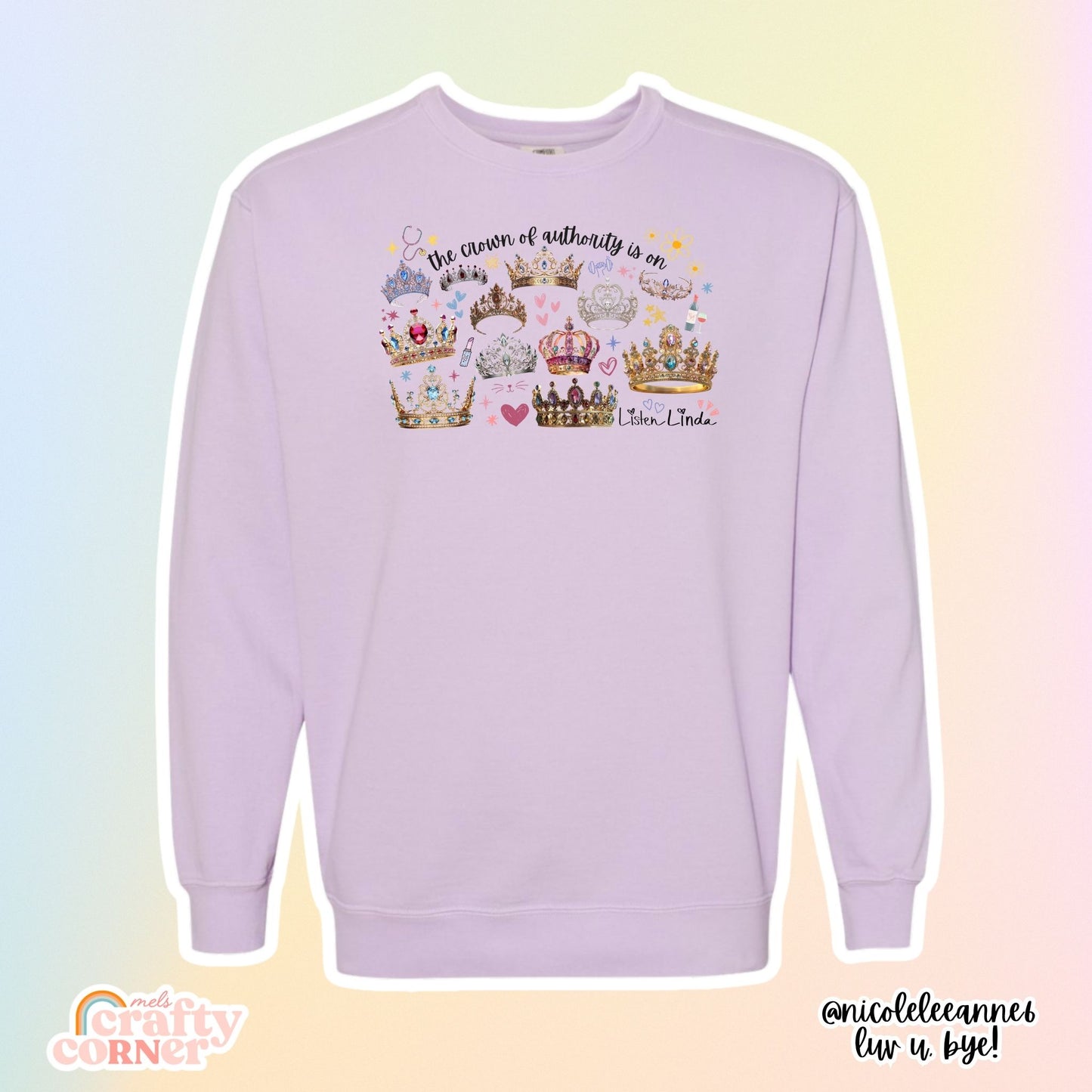 Orchid crewneck Crown of Authority, Listen Linda merch