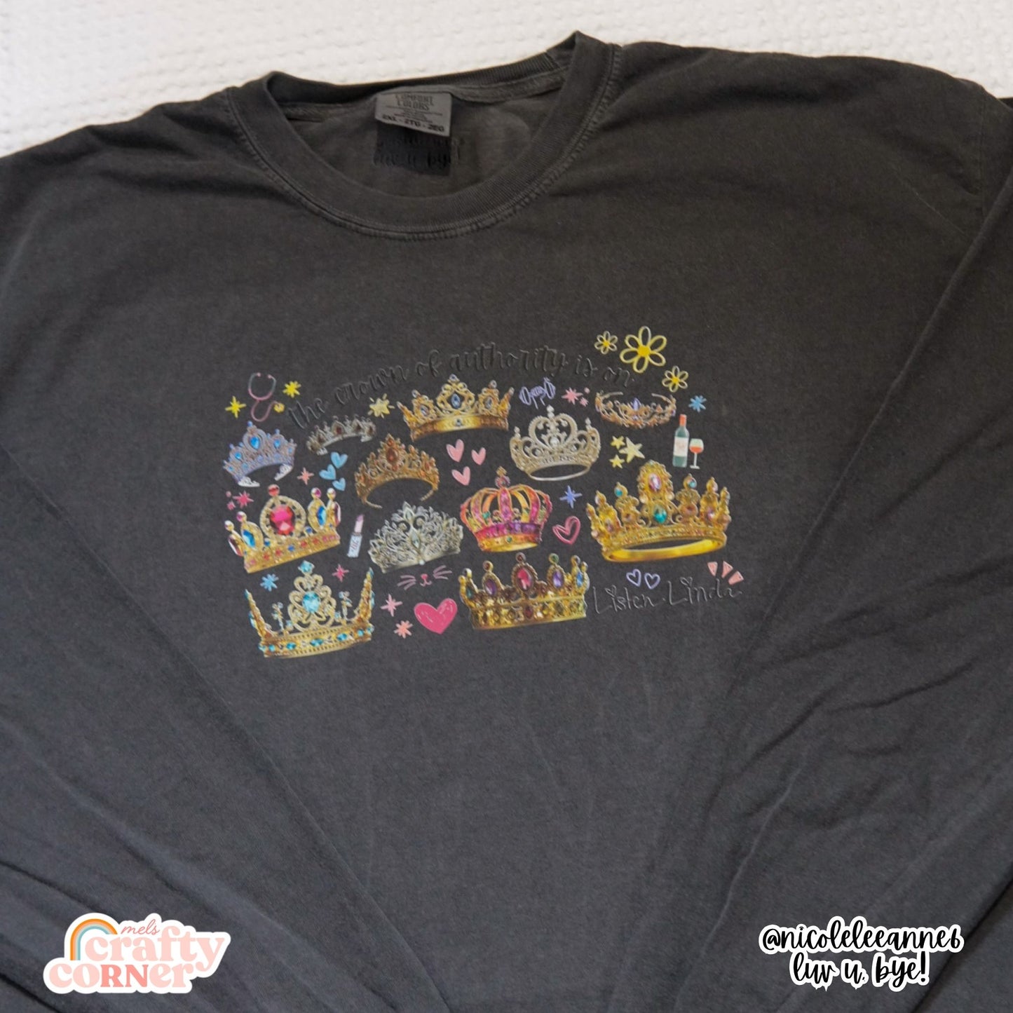 Close up of Pepper long sleeve Crown of Authority, Listen Linda merch