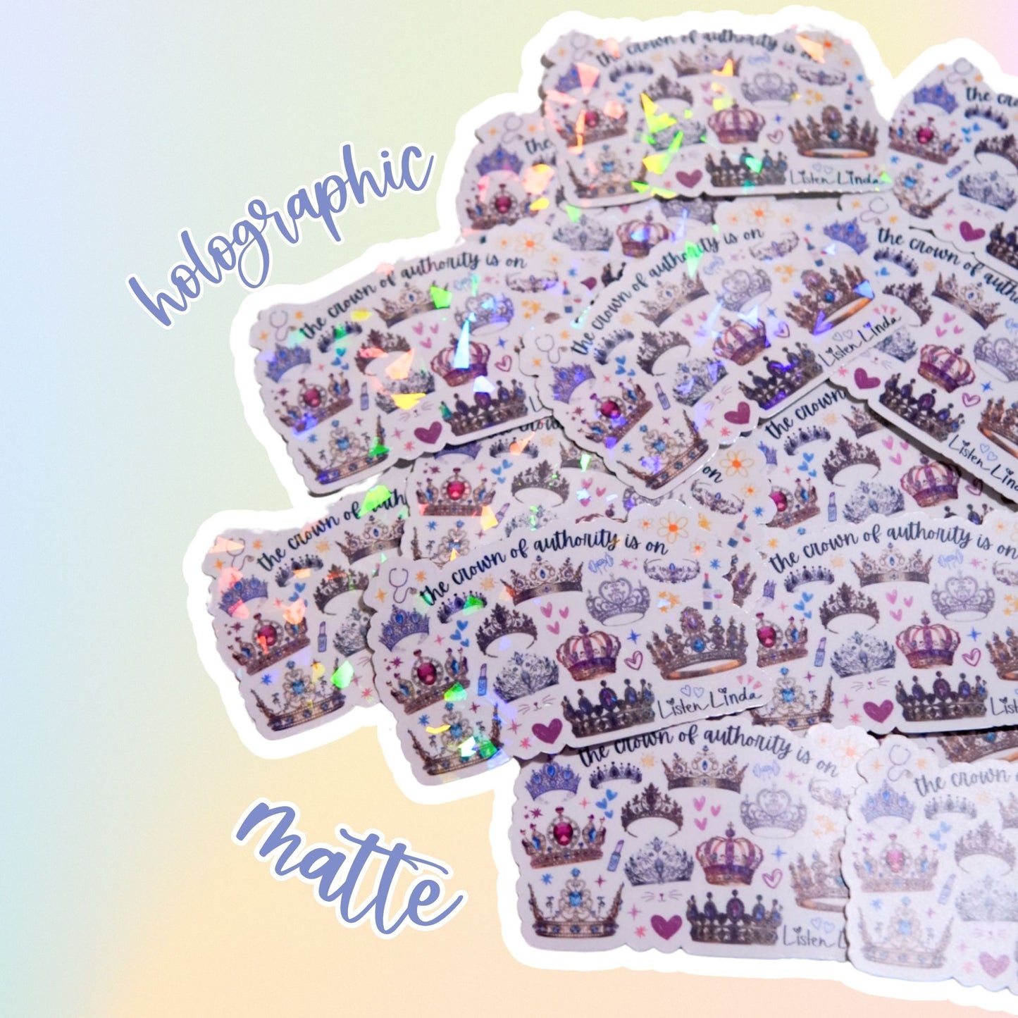 Pile of holographic and matte Crown of Authority stickers