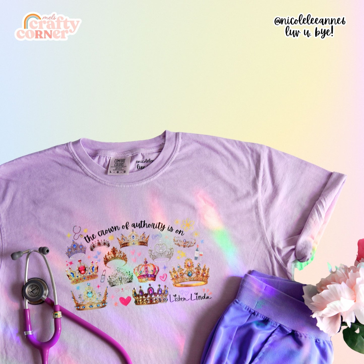 Flat lay of Orchid Crown of Authority T-Shirt by Mel's Crafty Corner