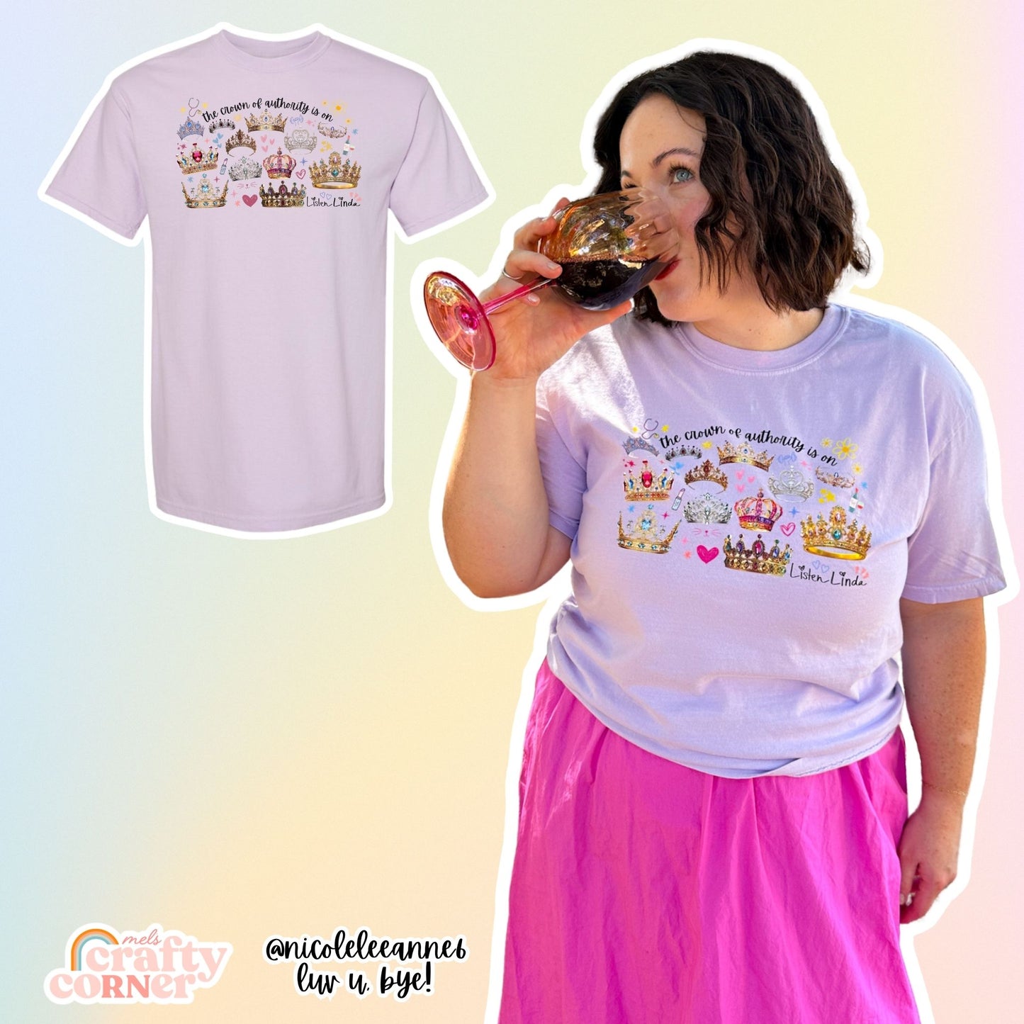 Woman wearing orchid Crown of Authority t-shirt