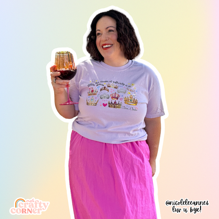 Women with wine and t-shirt wearing Crown of Authority t-shirt