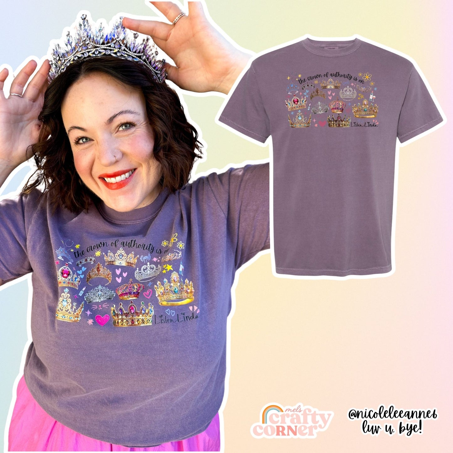 Woman wearing Violet wine Crown of Authority T-Shirt by Mel's Crafty Corner