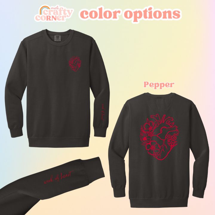 Color options available for the Floral Anatomical Heart premium crewneck sweatshirt by Mel's Crafty Corner