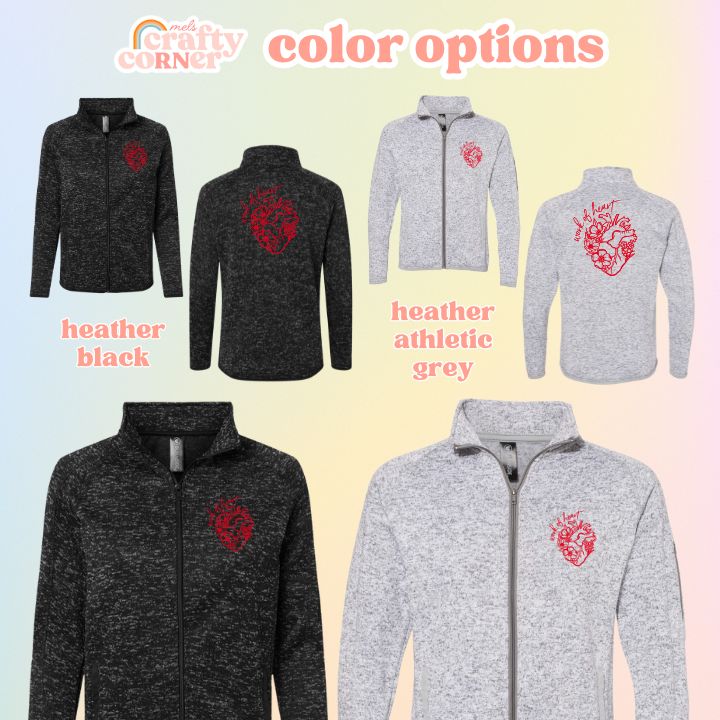 Color options available for the Floral Anatomical Heart (WOH) fleece zip-up jacket by Mel's Crafty Corner
