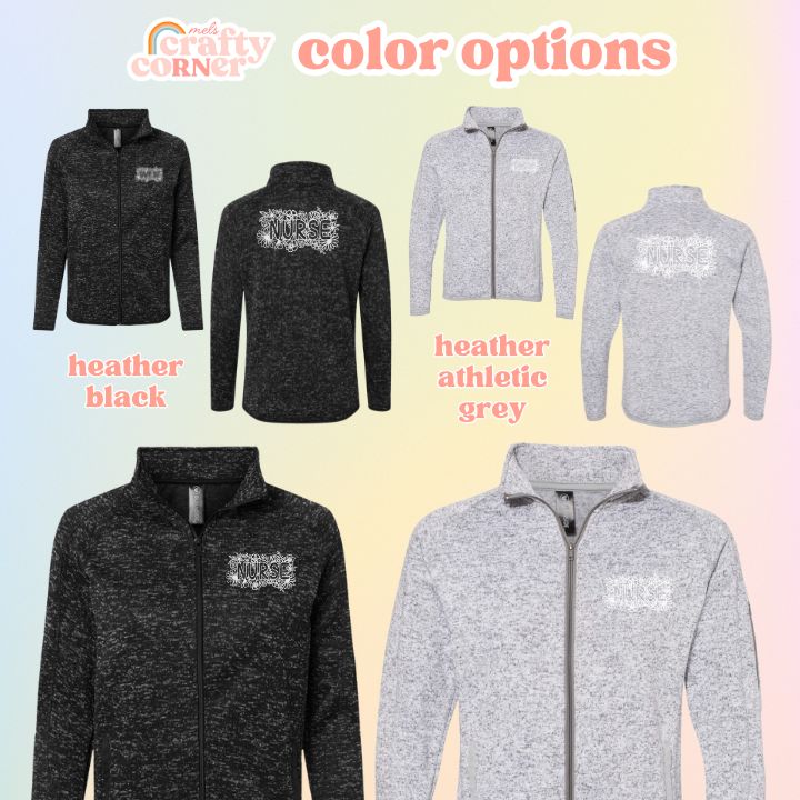 Color options available for the Floral Nurse fleece zip-up jacket by Mel's Crafty Corner