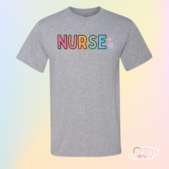 Mockup of full chest Colorful Nurse design on classic t-shirt by Mel's Crafty Corner