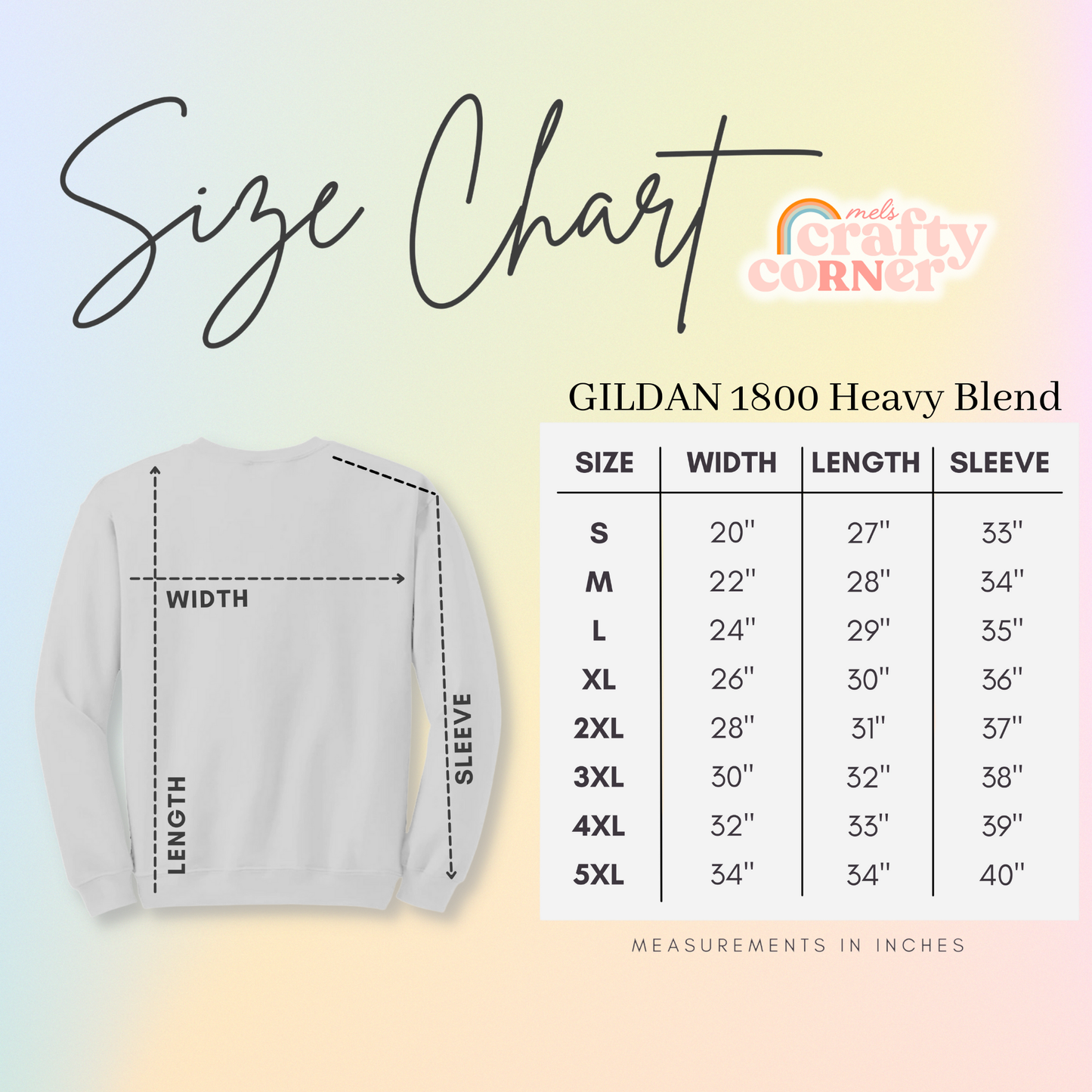 Size chart for Gildan 1800 Heavy Blend crewneck sweatshirt showing measurements by Mel's Crafty Corner