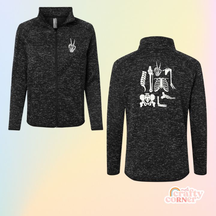 Heather black Build Your Boneyard fleece zip-up jacket mockup by Mel's Crafty Corner